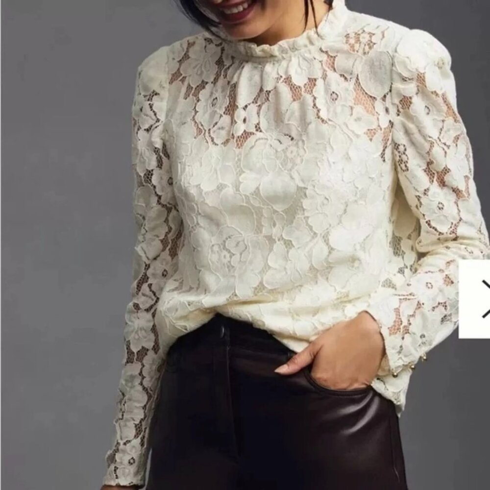 NWT Mare x Anthropologie Cream Floral Lace Long Sleeve Blouse Built in Tank XXS